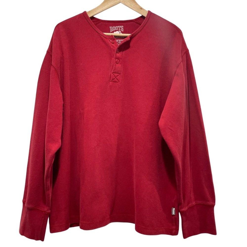 Roots Red Henley Shirt XL Long Sleeve 3 Button Chest Ribbed Men’s